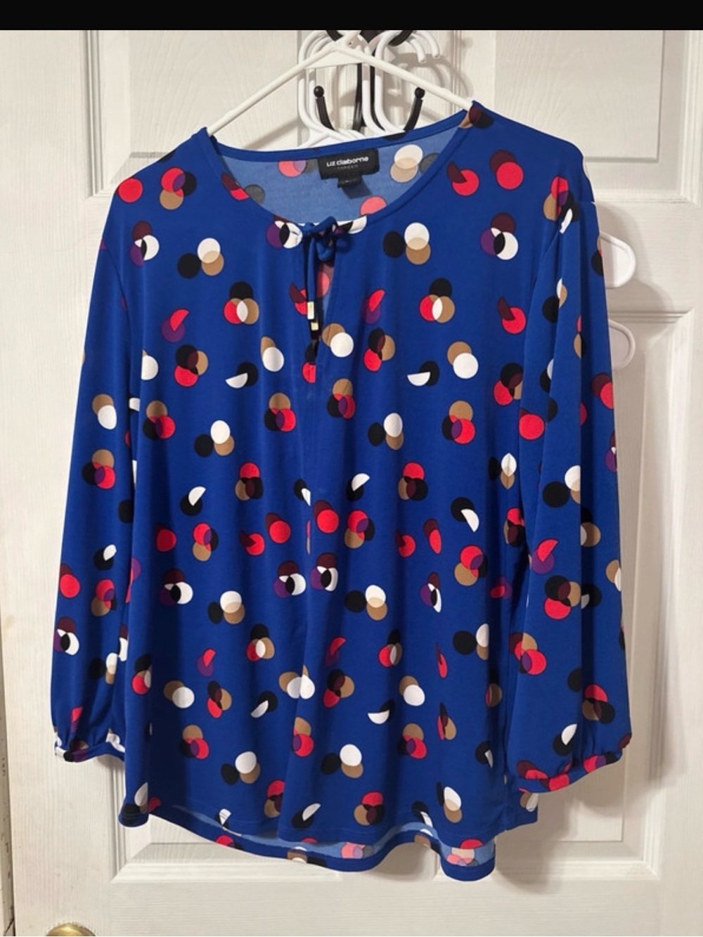 Liz Claiborne Royal Blue Polka Dot Tie-Neck Blouse